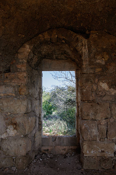 istock View of trees through antique door on old stone wall 468559904