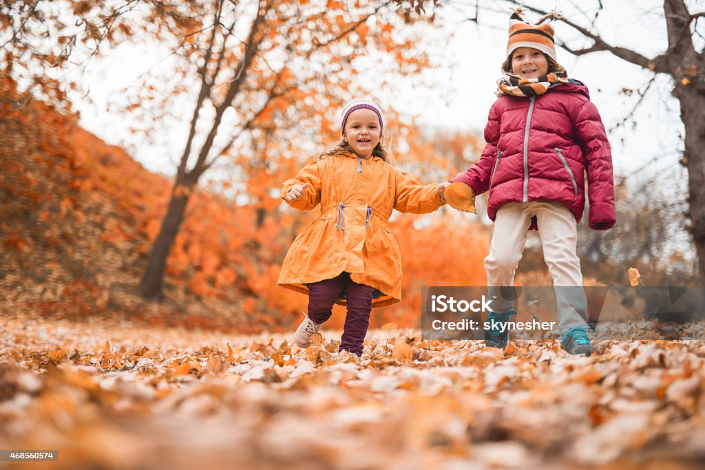 Happy children in autumn park. Low angle view of little boy and girl hands and enjoying outdoors during autumn day. They are looking at the camera. 2015 Stock Photo