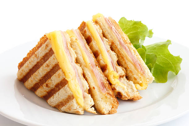 Ham and cheese sandwich in a plate with lettuce on the side 