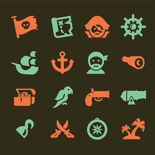 Vector illustration of Pirates Silhouette Red and Green icons set