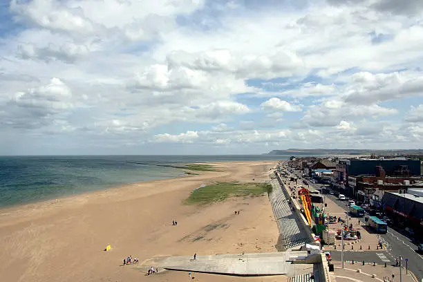 High vantage point of Redcar high street and seafront taken from the vertical pier