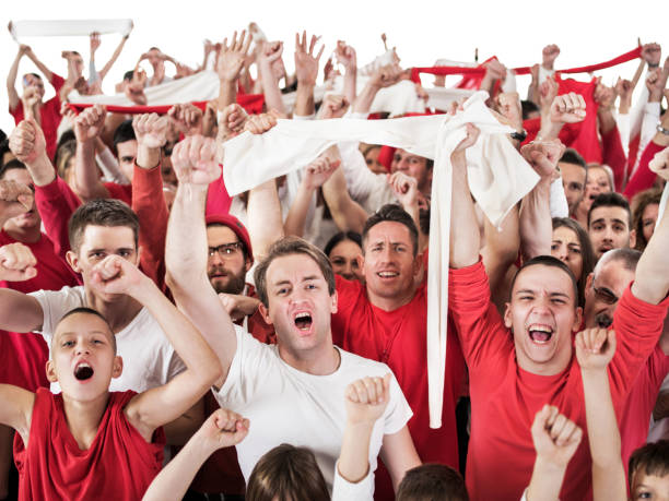 istock Group of ecstatic fans cheering. Isolated on white. 468566634