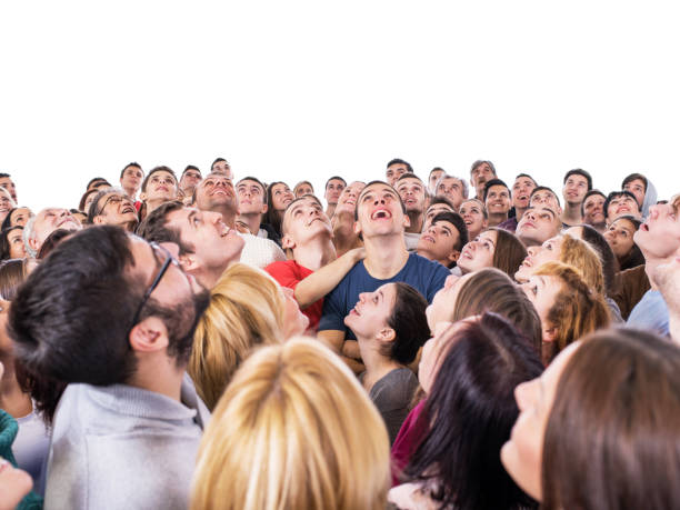istock Large group of people looking up. Isolated on white. 468566638