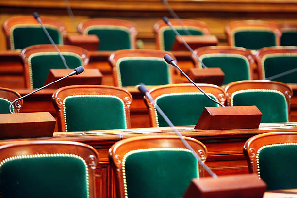 istock Close up of an empty vintage congress hall 468566980