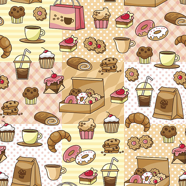 coffee and cakes seamless pattern with coffee and bakery goods food sample cups stock illustrations