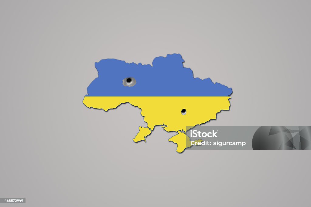 Battles in Kiev, Ukraine. Ukrainian flag with bullet holes inside ukraine map : symbol of the ukrainian crisis. Composition isolated on grey background. Bullet Hole stock illustration