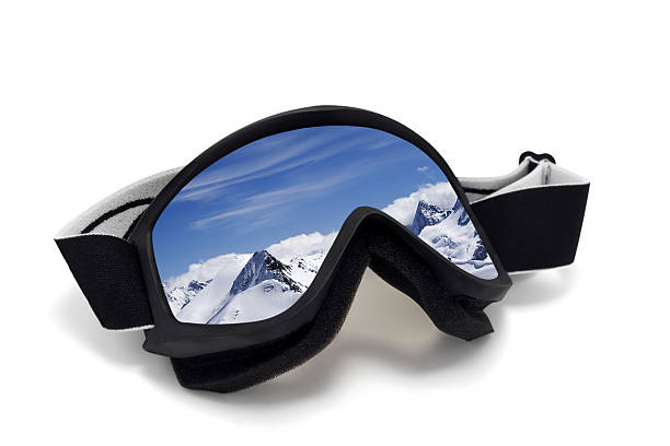 istock Ski goggles with reflection of mountains at sunny day 468576328