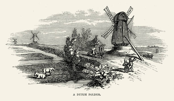 ilustrações, clipart, desenhos animados e ícones de polders e moinho de vento holandeses do século xix - polder