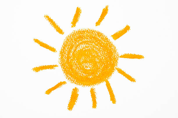 Isolated shot of crayon drawing the Sun on white background Orange Sun which was drawn with a crayon on white background. crayon photos stock pictures, royalty-free photos & images