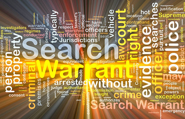 Search warrant background concept wordcloud glowing