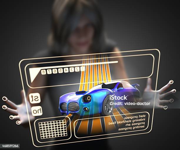 Woman And Hologram With Sport Car Stock Photo - Download Image Now - 2015, Adult, Car