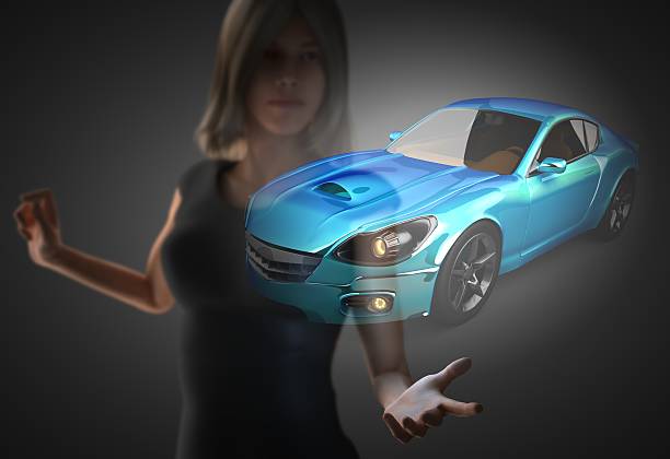женщина в спортивный автомобиль и голограммой - hologram led futuristic women стоковые фото и изображения