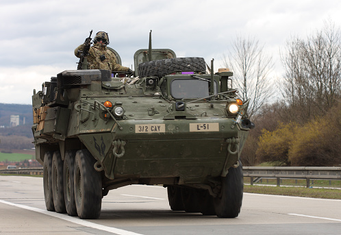 Brno,Czech Republic - March 30, 2015:Dragoon Ride - US army convoy drives through Czech Republic.  The U.S. military convoy, returning from the Baltic countries to a German base, entered the territory of the Czech Republic