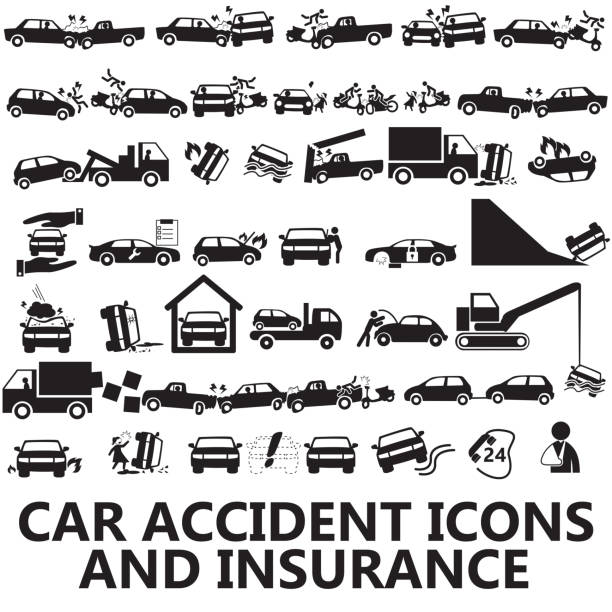car accident icons and insurance Black icon with a car accident and insurance. car hailstorm stock illustrations
