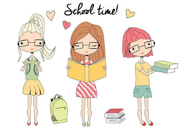ilustrações de stock, clip art, desenhos animados e ícones de três jovens meninas de escola com óculos, saco de escola, livros - three people women teenage girls friendship