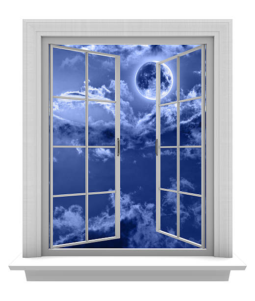 istock Isolated window frame opening to night sky and full moon 468600736