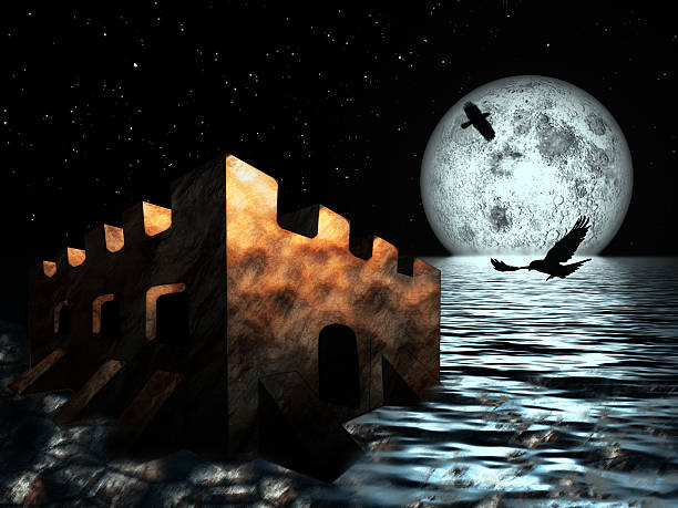 Old Castle in the sea at night sky moon background