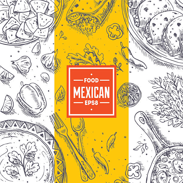 ilustrações, clipart, desenhos animados e ícones de comida mexicana quadro.   gráfico linear.   vetor ilustração - pepper chili pepper frame food