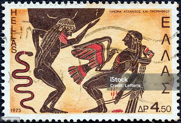 Greek Stamp Shows Atlas And Prometheus Punished By Zeus Stock Photo - Download Image Now