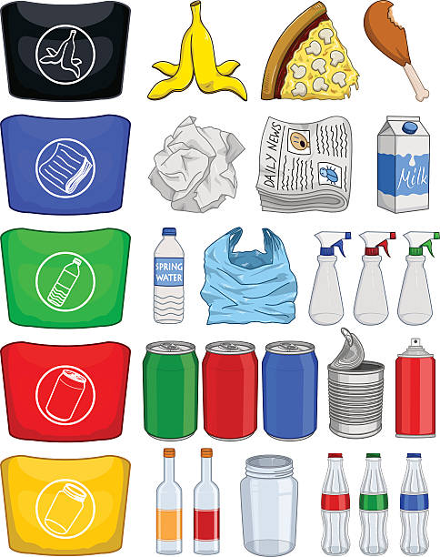 speisen flaschen dosen papier müll recycling-package - recycling paper garbage newspaper stock-grafiken, -clipart, -cartoons und -symbole