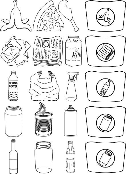 Food Bottles Cans Paper Trash Recycle Pack Lineart vector art illustration