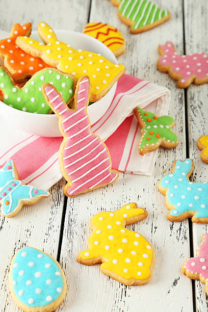 istock Colorful easter cookies on white wooden background 468614066