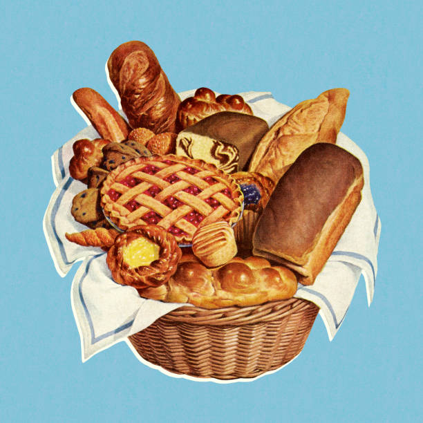 ilustrações de stock, clip art, desenhos animados e ícones de cesta cheia de produtos no forno - pão ilustrações