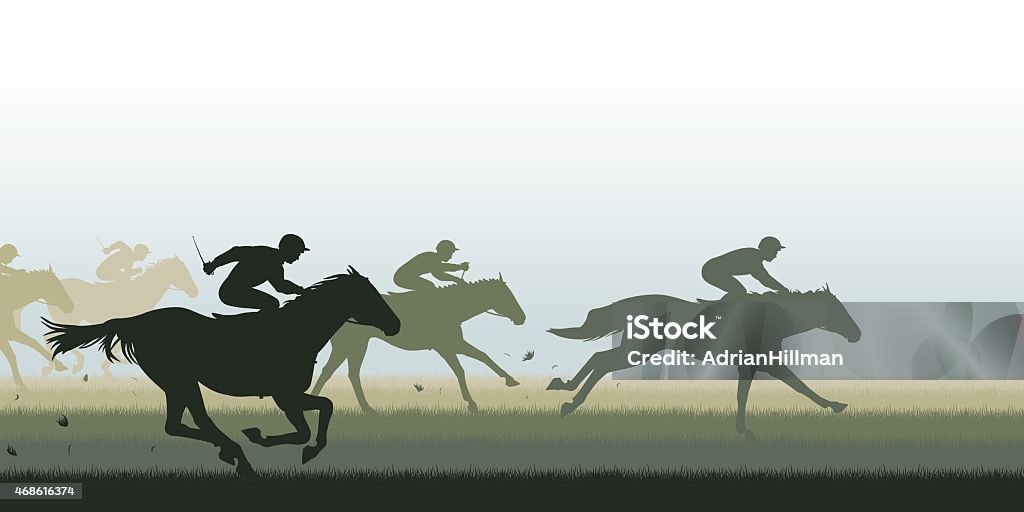 Simple silhouette horse race graphic EPS8 editable vector cutout illustration of a horse race with all horses and riders as separate objects Horse Racing stock vector