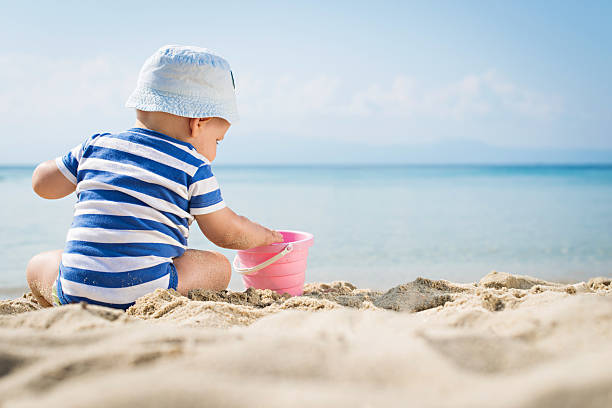 istock The cute baby boy playing on the beach 468618506
