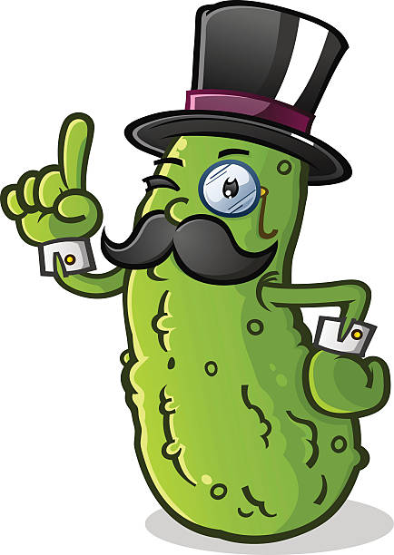Pickle Gentleman Cartoon Character A proper english gentleman pickle with a handlebar mustache, pointing a finger in the air and wearing a top hat, monocle and cuff links cartoon of a dill pickle stock illustrations
