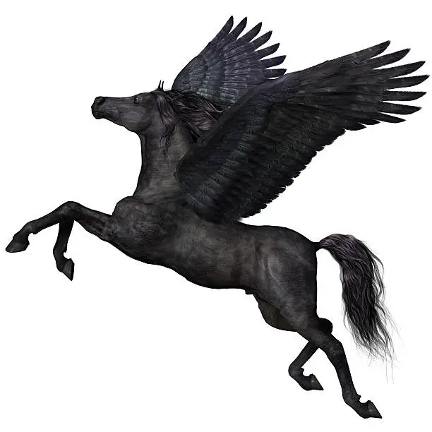 A magical black Pegasus spreads its wings and flies up into the sky.