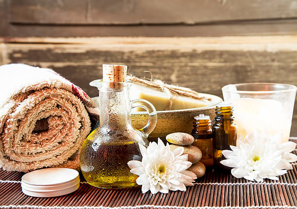 istock A display of natural spa products adorned with white daisies 468624180