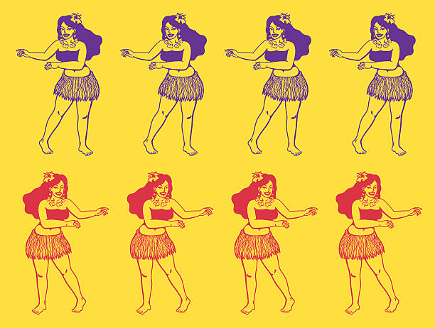 ilustrações, clipart, desenhos animados e ícones de aloha! bonecas havaianas linhas de dança dançando hawaiian - dançar hula