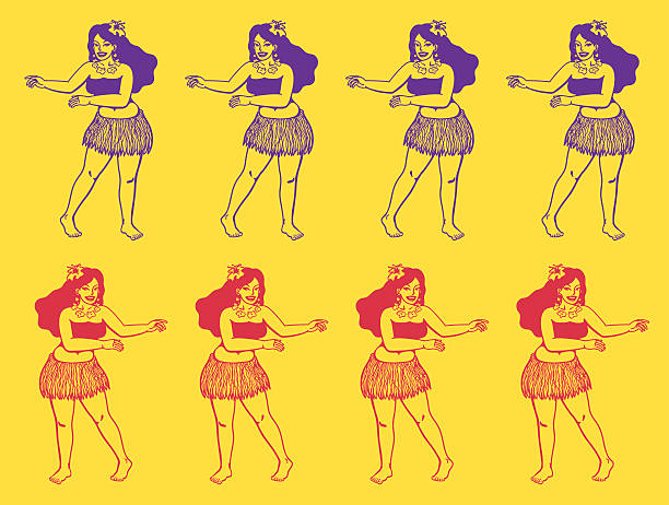 Aloha! Hula girls lined-up dancing hawaiian dance Aloha! Hula girls lined-up dancing hawaiian hula dance, exotic islands women vector illustration hula dancing stock illustrations