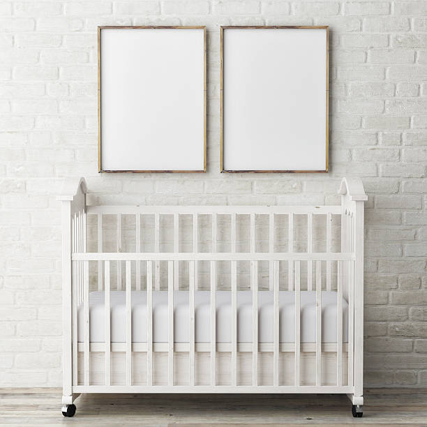 istock Mock up posters with baby bed, 3d illustration 468635124
