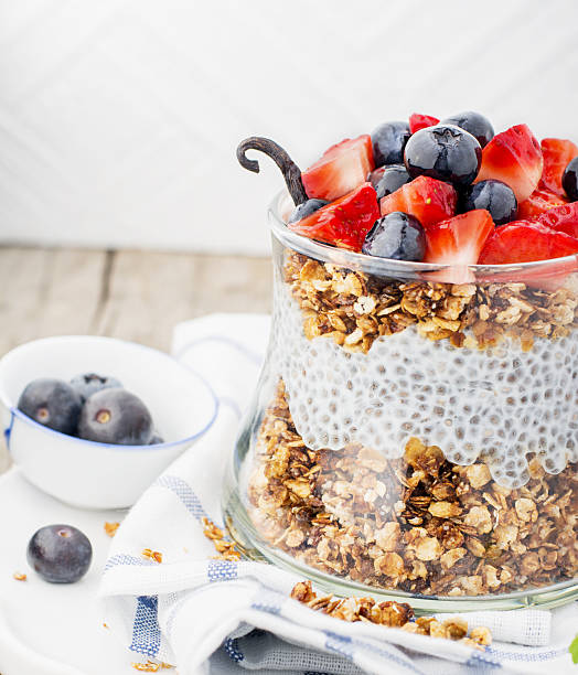 istock Strawberry, blueberries, oatmeal and chia seeds pudding 468641492