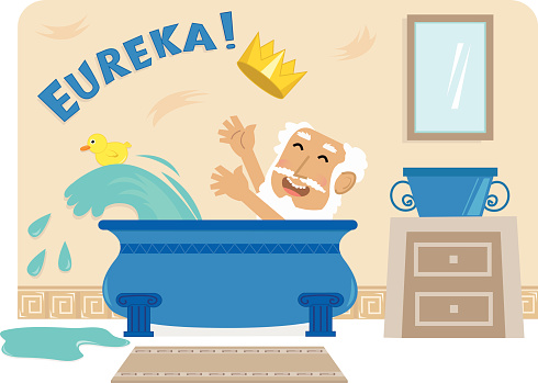Cartoon illustration of Archimedes in his bathtub with the golden crown and the word Eureka at the top. Eps10