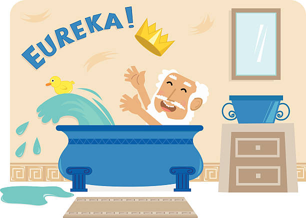 Archimedes In Bathtub Cartoon illustration of Archimedes in his bathtub with the golden crown and the word Eureka at the top. Eps10 vanity mirror stock illustrations