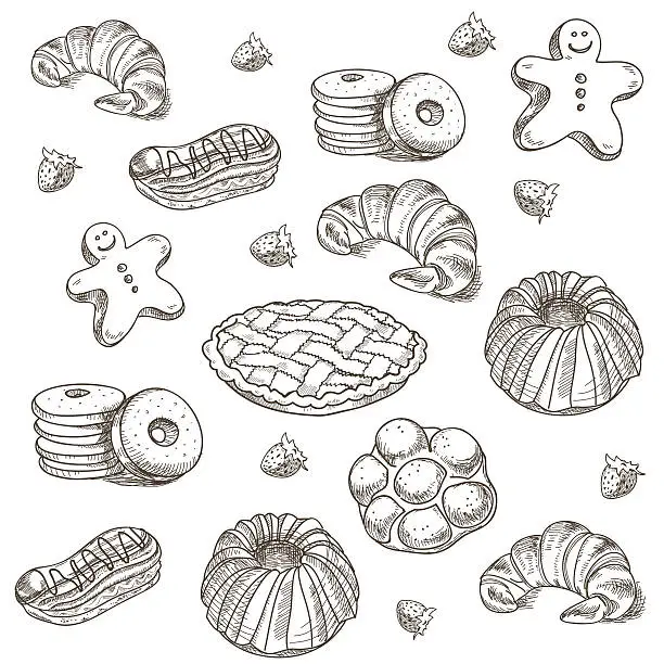 Vector illustration of hand drawn sketch confections dessert pastry bakery products donut, pie