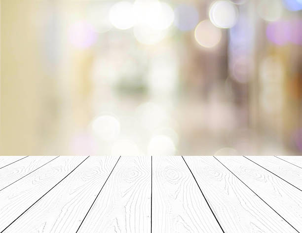 istock Perspective white wood and blurred store with bokeh background 468653012