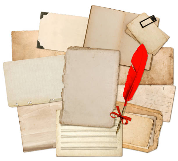istock Antique paper sheets with red feather ink pen. Used textures 468653566