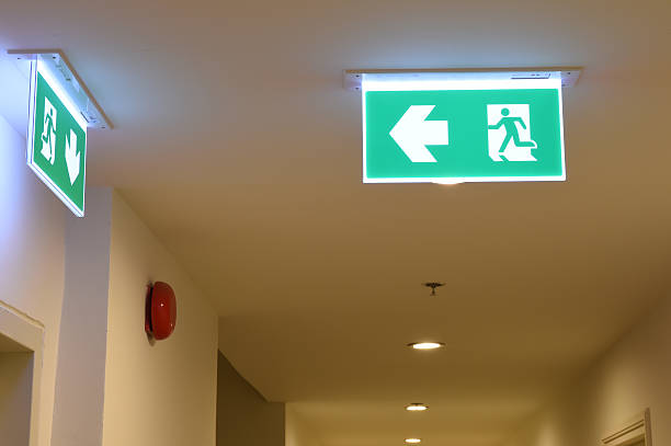 istock green emergency exit sign showing the way to escape 468666594