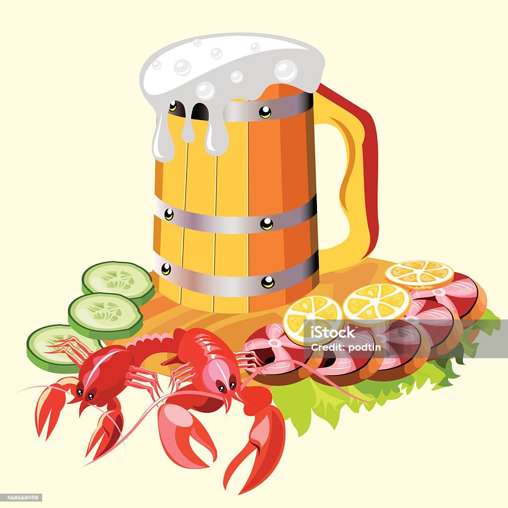 Beer Wooden mug of beer with a lobster, herbs, fish, cucumbers and lemons 2015 stock vector