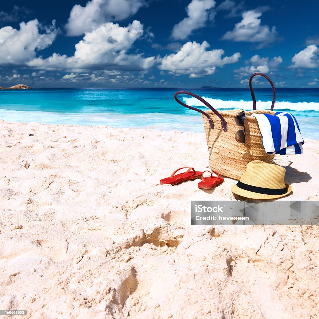 Beautiful beach with bag at Seychelles Beautiful beach with bag at Seychelles, La Digue 2015 Stock Photo