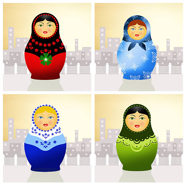 traditionelle russische matroschka-puppen - russia women babushka decoration stock-grafiken, -clipart, -cartoons und -symbole