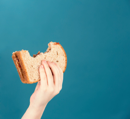 A Child's hand holding a peanut butter and jelly sandwich (plenty of copy space)