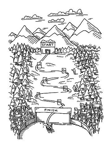 Hand-drawn vector drawing of a Winter Scene with a Slalom Competition on a Skiing Slope. Snowy Mountain Landscape. On top is a starting hut, the slalom course leads downwards through slalom poles to the finish line. A excited crowd of fans are cheering for the athlete. Black-and-White sketch on a transparent background (.eps-file). Included files are EPS (v10) and Hi-Res JPG.
