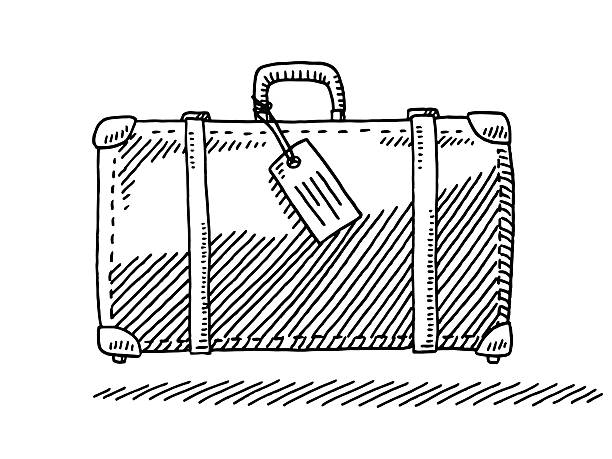 Travel Suitcase Luggage Tag Side View Drawing Hand-drawn vector drawing of a Travel Suitcase with a Luggage Tag, Side View. Black-and-White sketch on a transparent background (.eps-file). Included files are EPS (v10) and Hi-Res JPG. old luggage tag stock illustrations