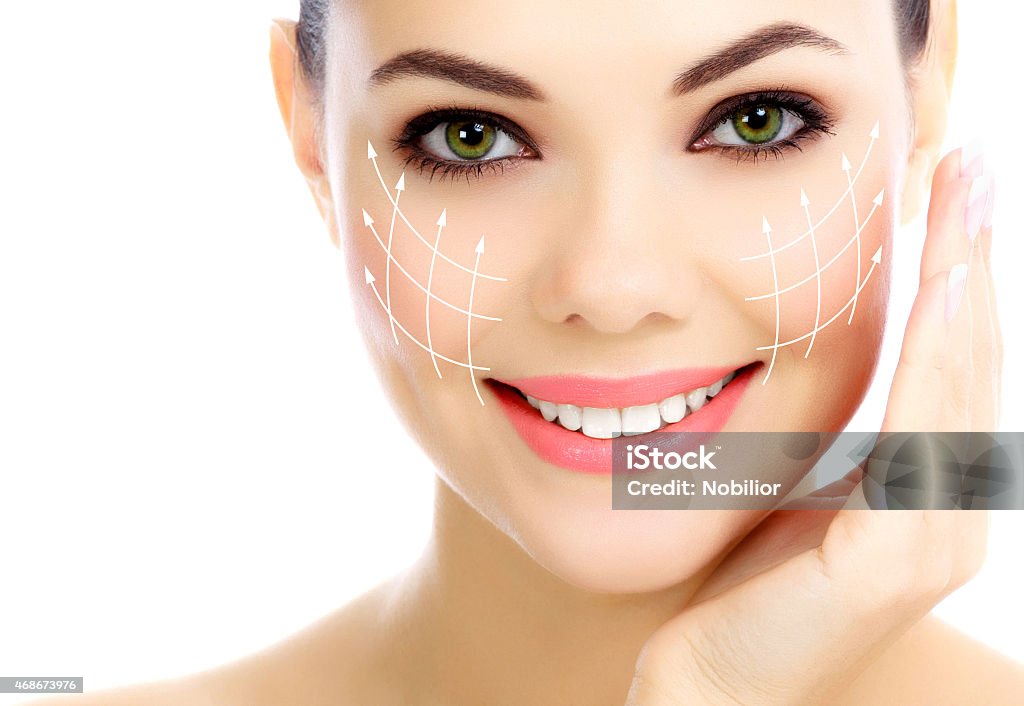 Cheerful female with fresh clear skin Cheerful female with fresh clear skin, white background Botulinum Toxin Injection Stock Photo