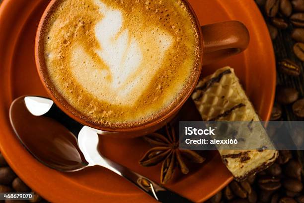 Cup Of Cappuccino Milkchocolate Wafer And Coffee Beans Stock Photo - Download Image Now
